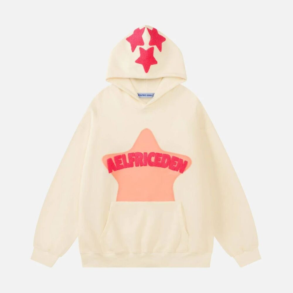 AelfricEden Star Graphic Hoodie Size M Cream Pink Oversized Streetwear